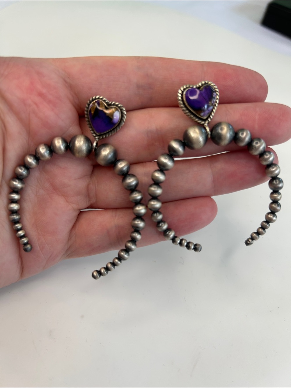 Sterling Silver Purple Mojave Turquoise Heart & Southwest Pearl Drop Earrings - Picture 7 of 7